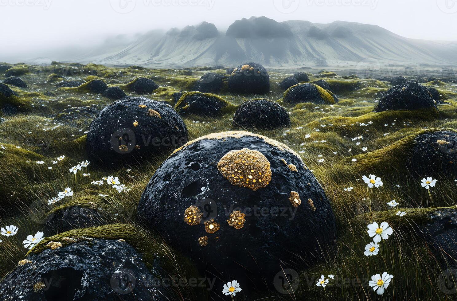 Dark rocks and wildflowers in a misty landscape. photo