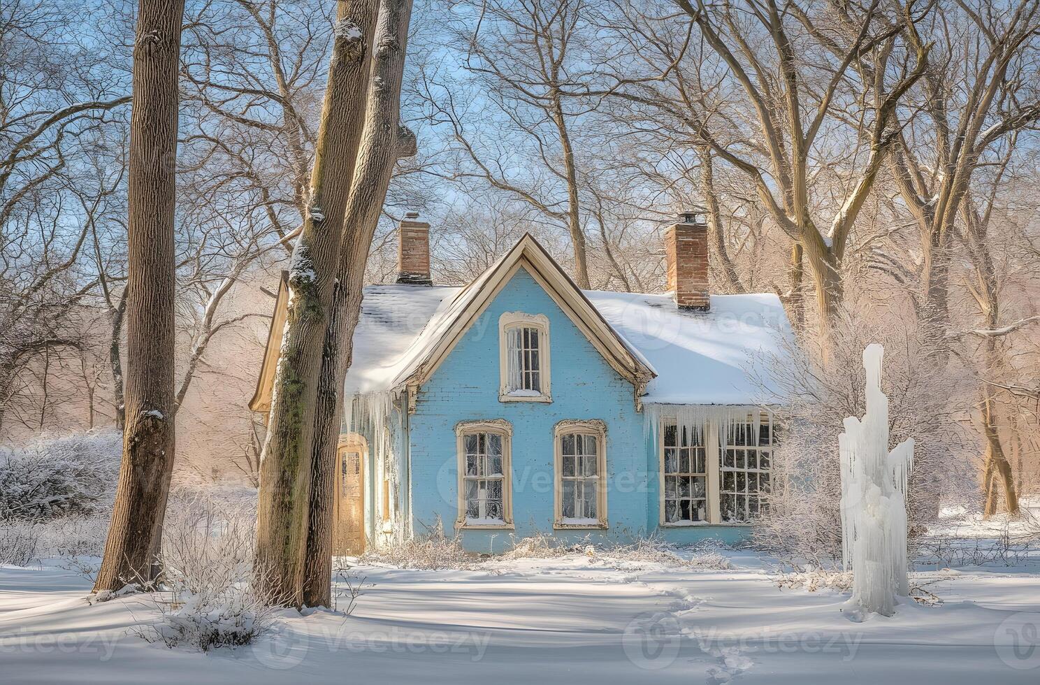 Quaint blue house nestled amongst winter trees. photo