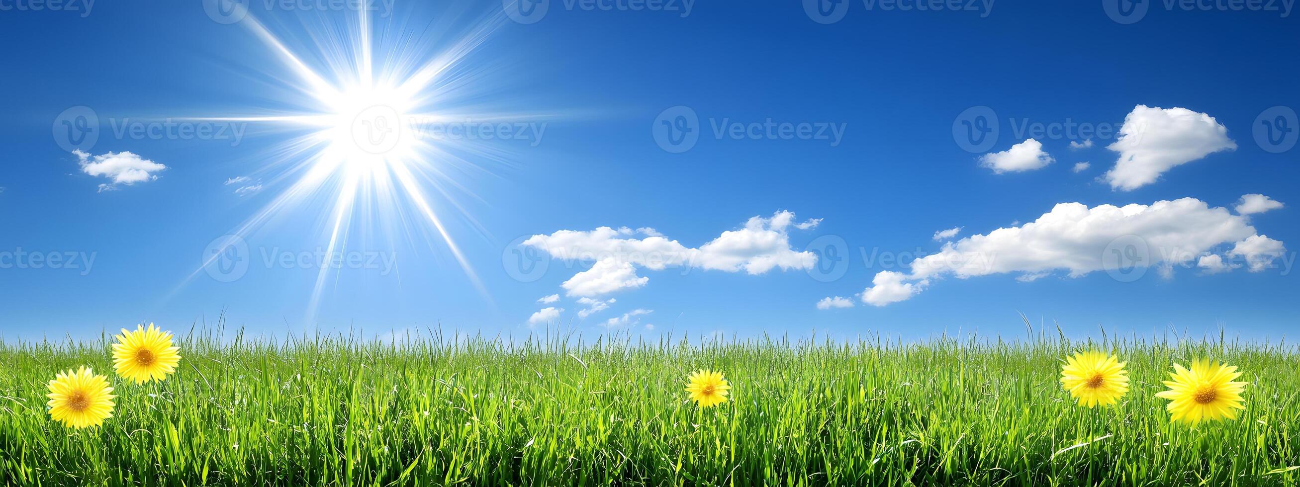Lush green meadow under a vibrant blue sky. photo