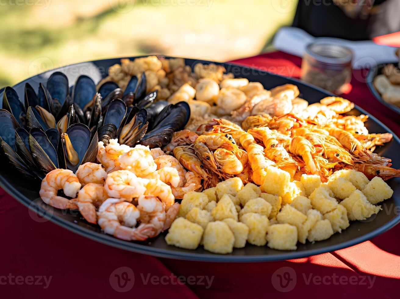Assorted seafood platter with shrimp, mussels, and croutons. photo