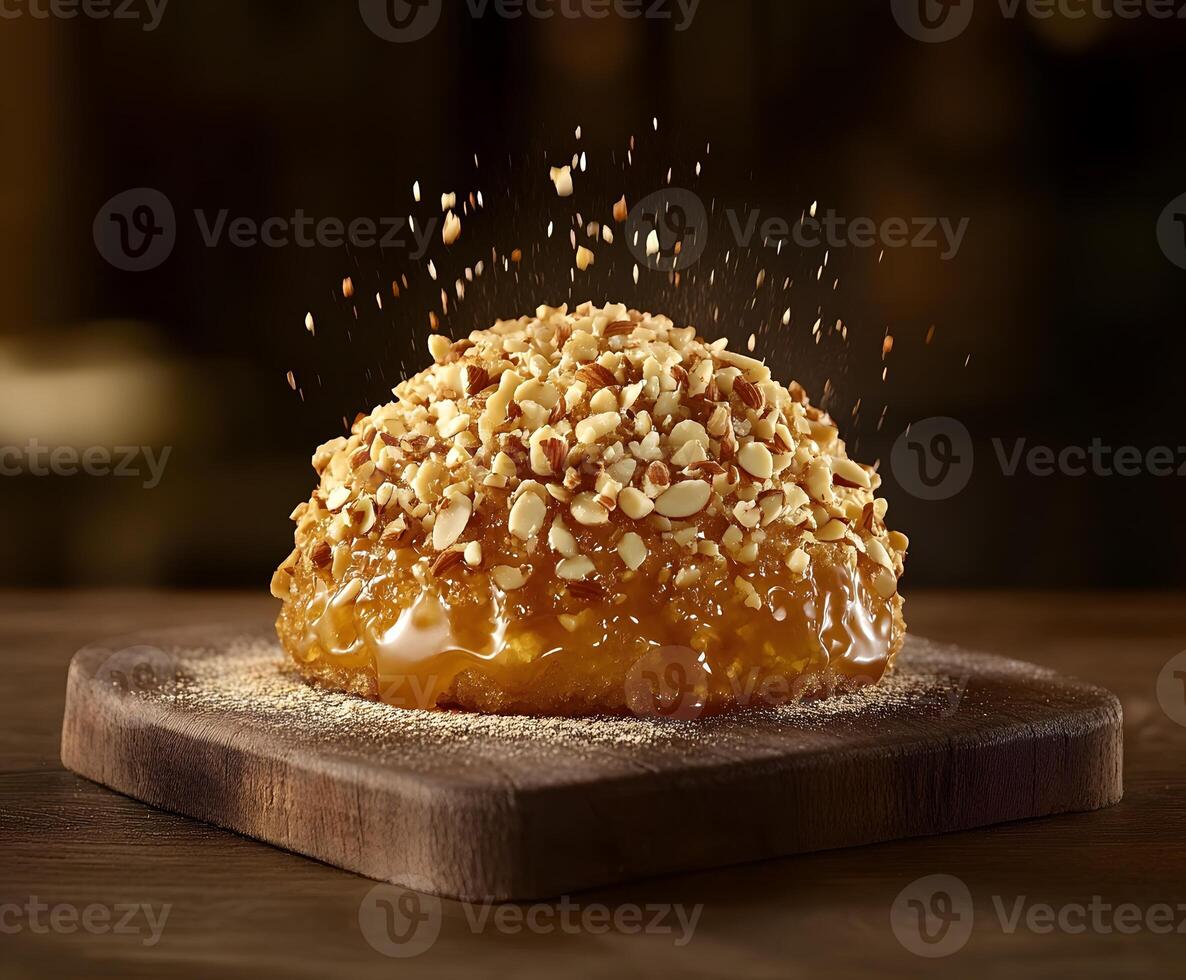 Caramel-coated confection sprinkled with chopped nuts. photo