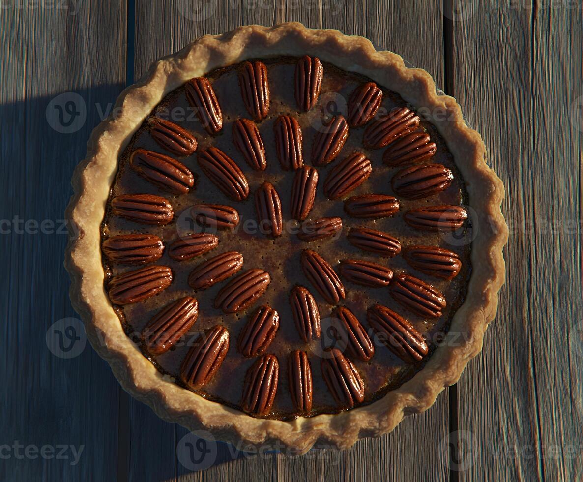 Pecan pie with a decorative arrangement of nuts. photo