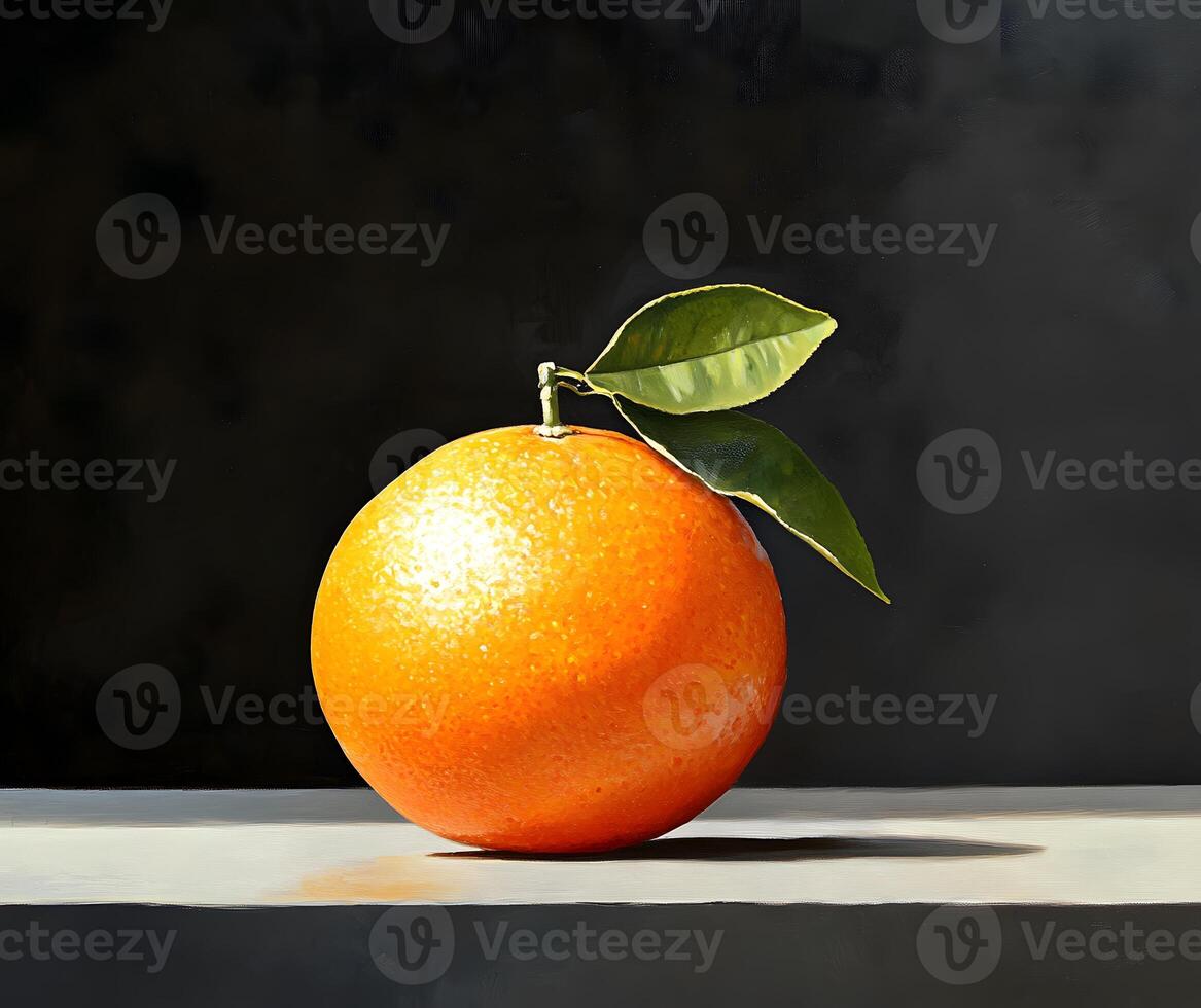 Detailed still life of an orange with leaves. photo