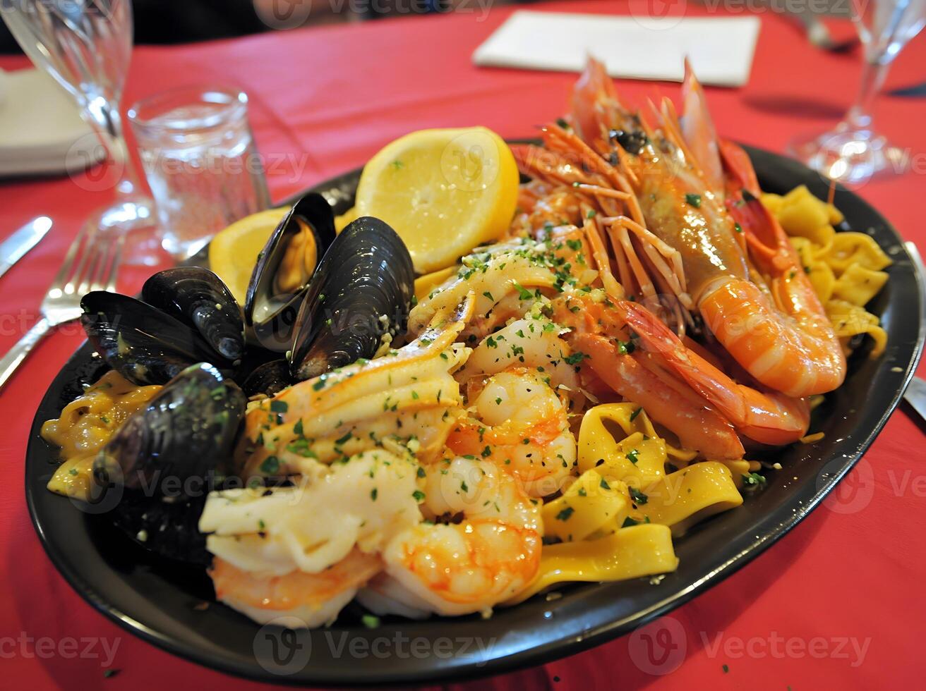Colorful plate of pasta with seafood and lemon slices. photo