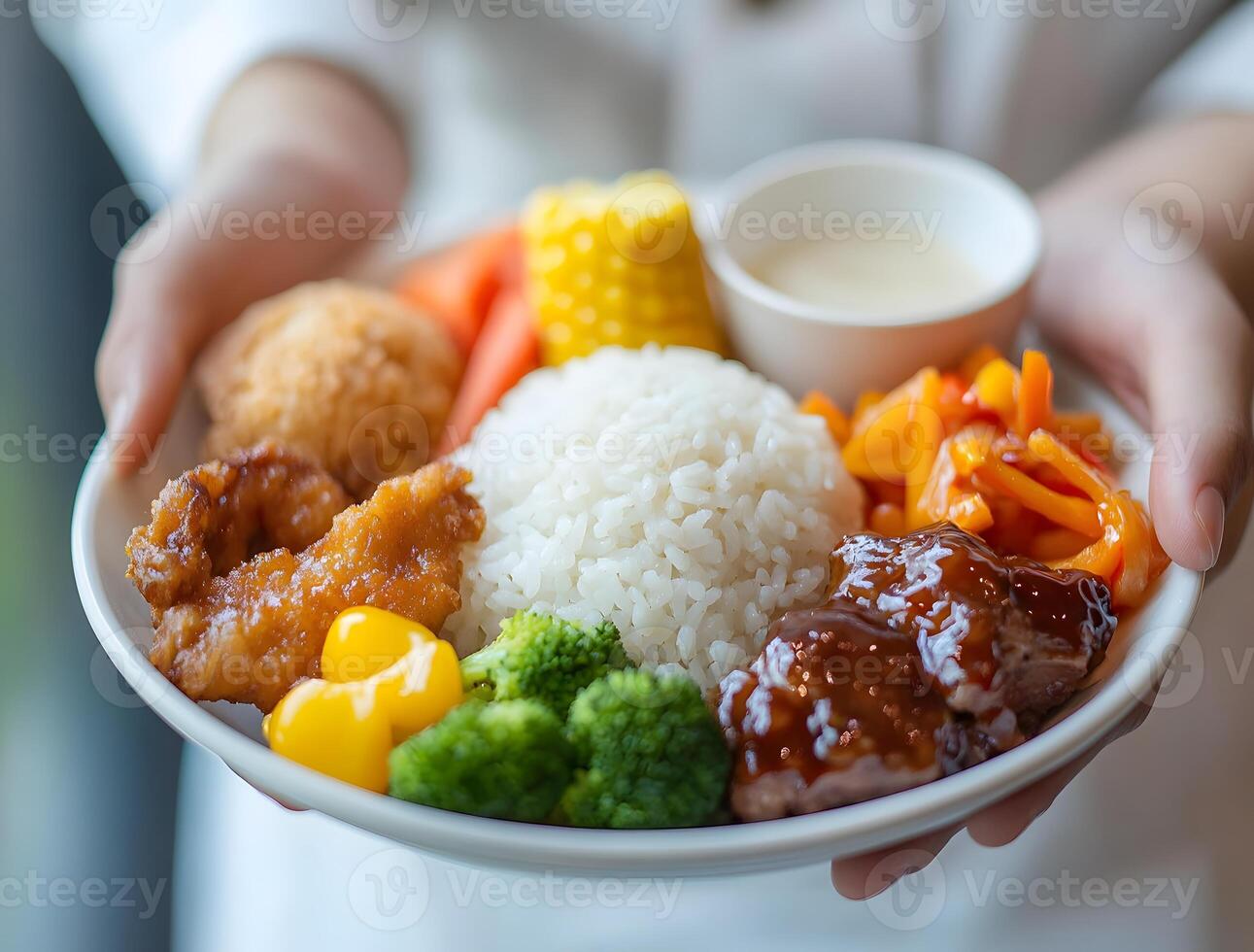 A plate of rice, vegetables, and protein. photo