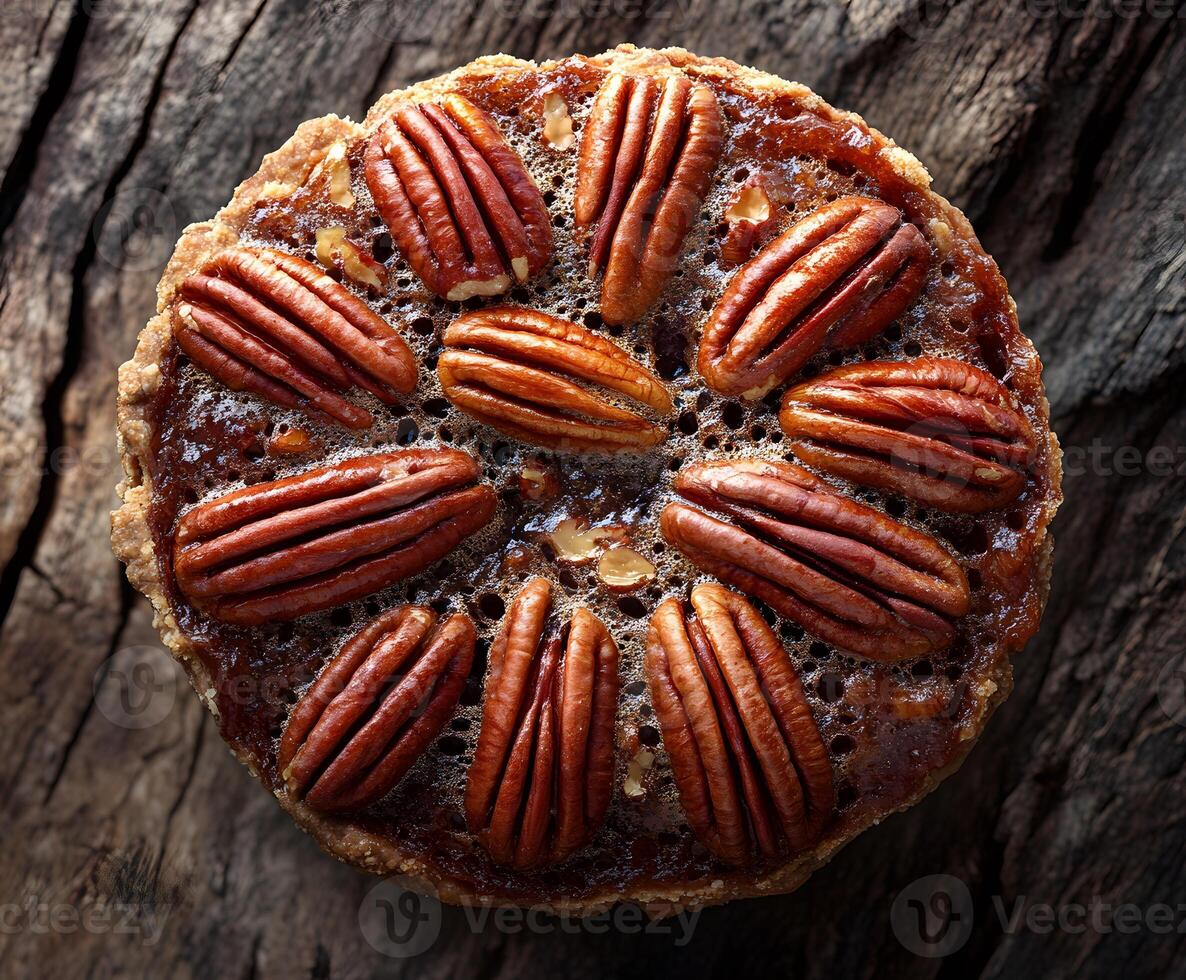 Pecan pie tart on a rustic wooden surface. photo