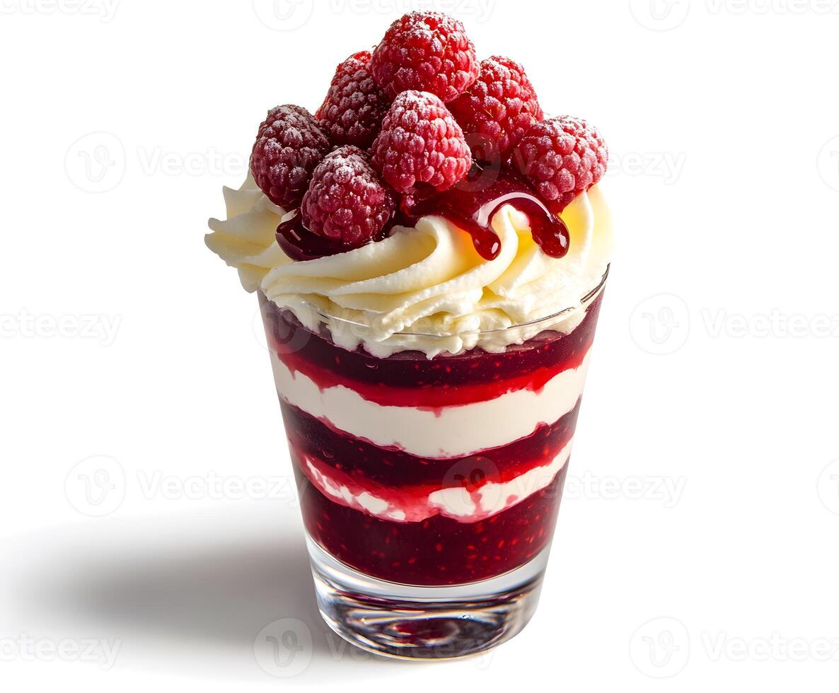 Raspberry dessert parfait in a glass dish. photo