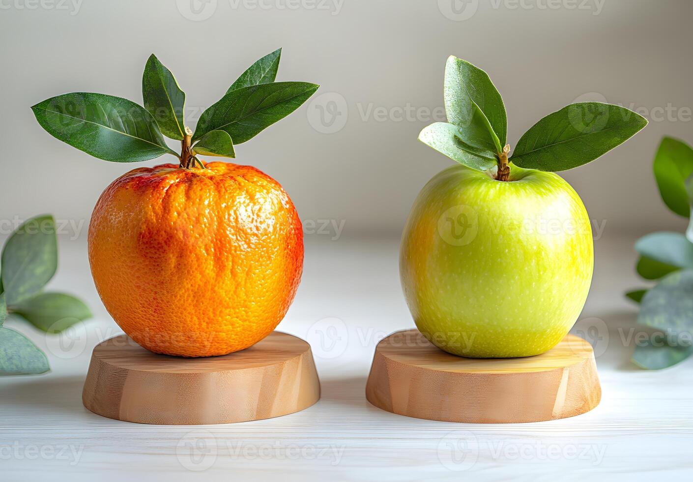 Two fresh fruits, an orange and an , displayed on wooden stands. photo