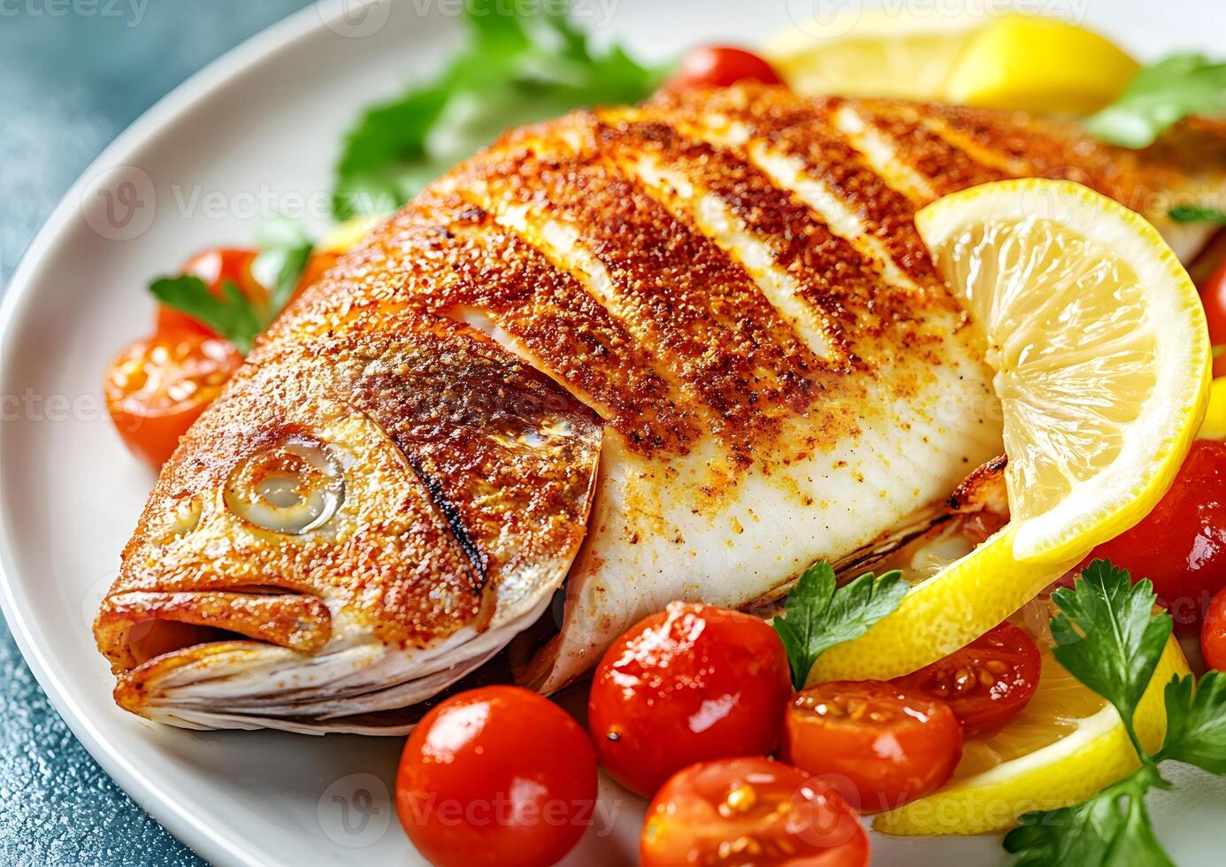 Roasted fish with cherry tomatoes and lemon. photo