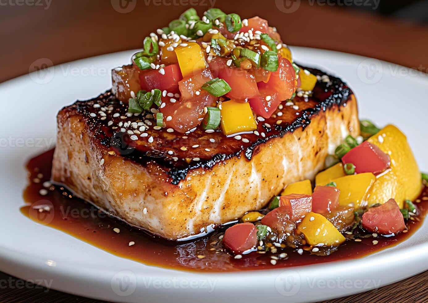 Pan-seared salmon with mango-tomato salsa and glaze. photo