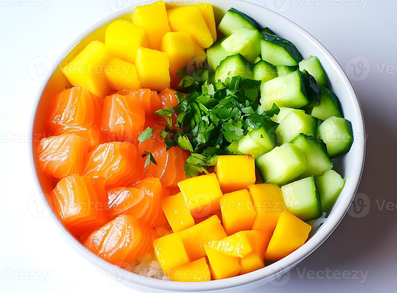 Colorful bowl of diced mango, salmon, and cucumber. photo