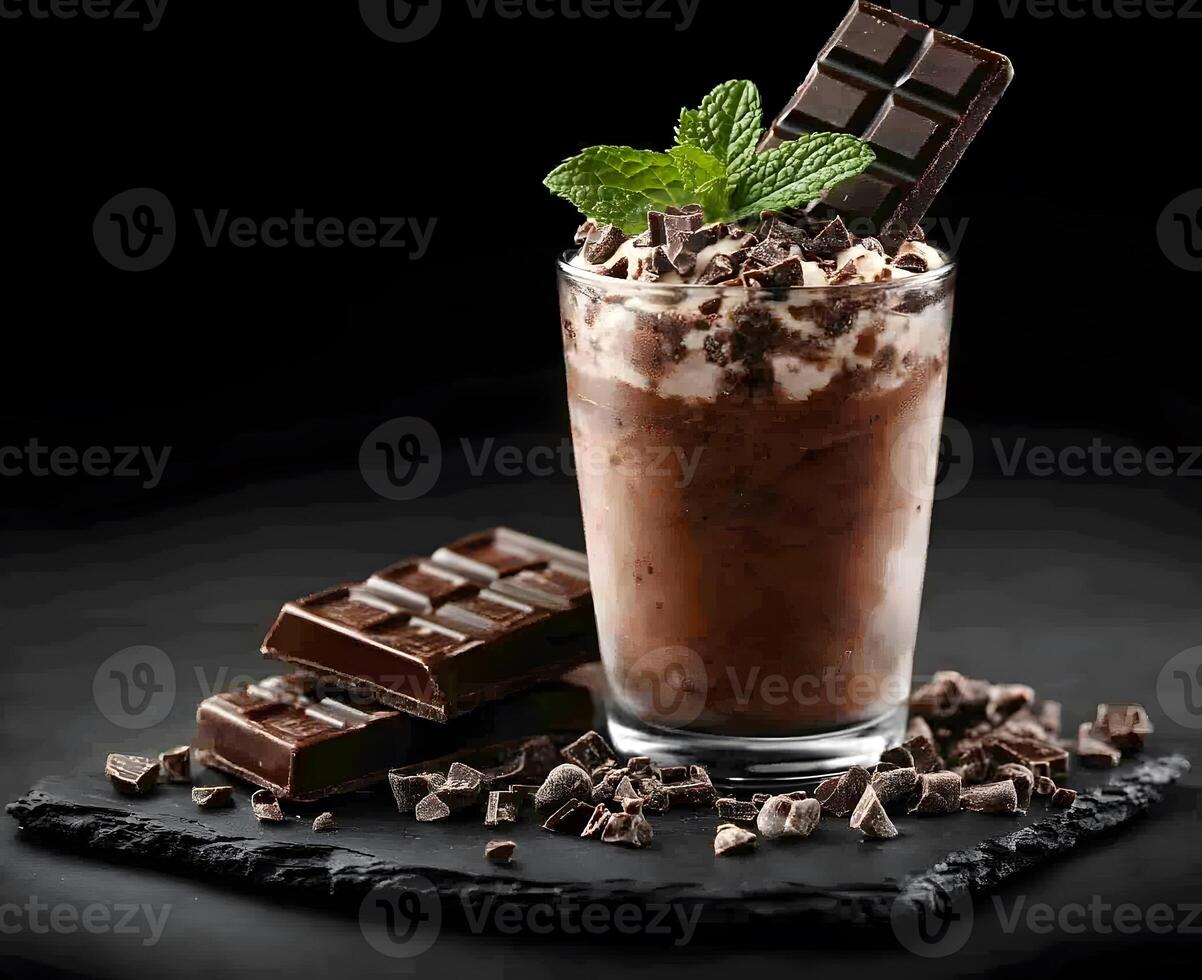 Chocolate frappe in a glass, garnished with chocolate shavings and mint. photo