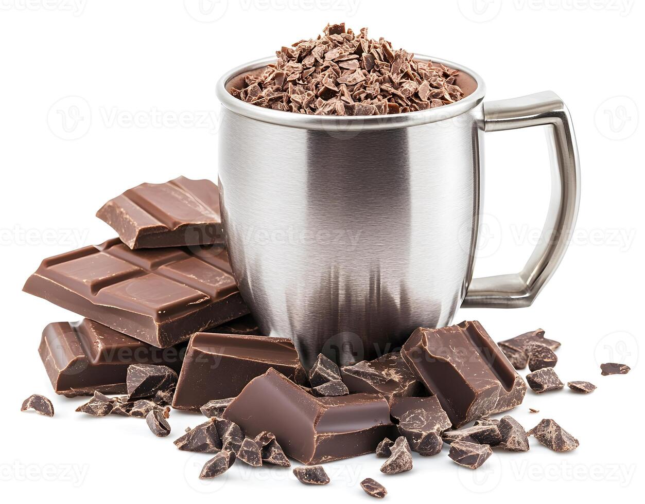 Pieces of chocolate and a metal mug filled with chopped chocolate. photo