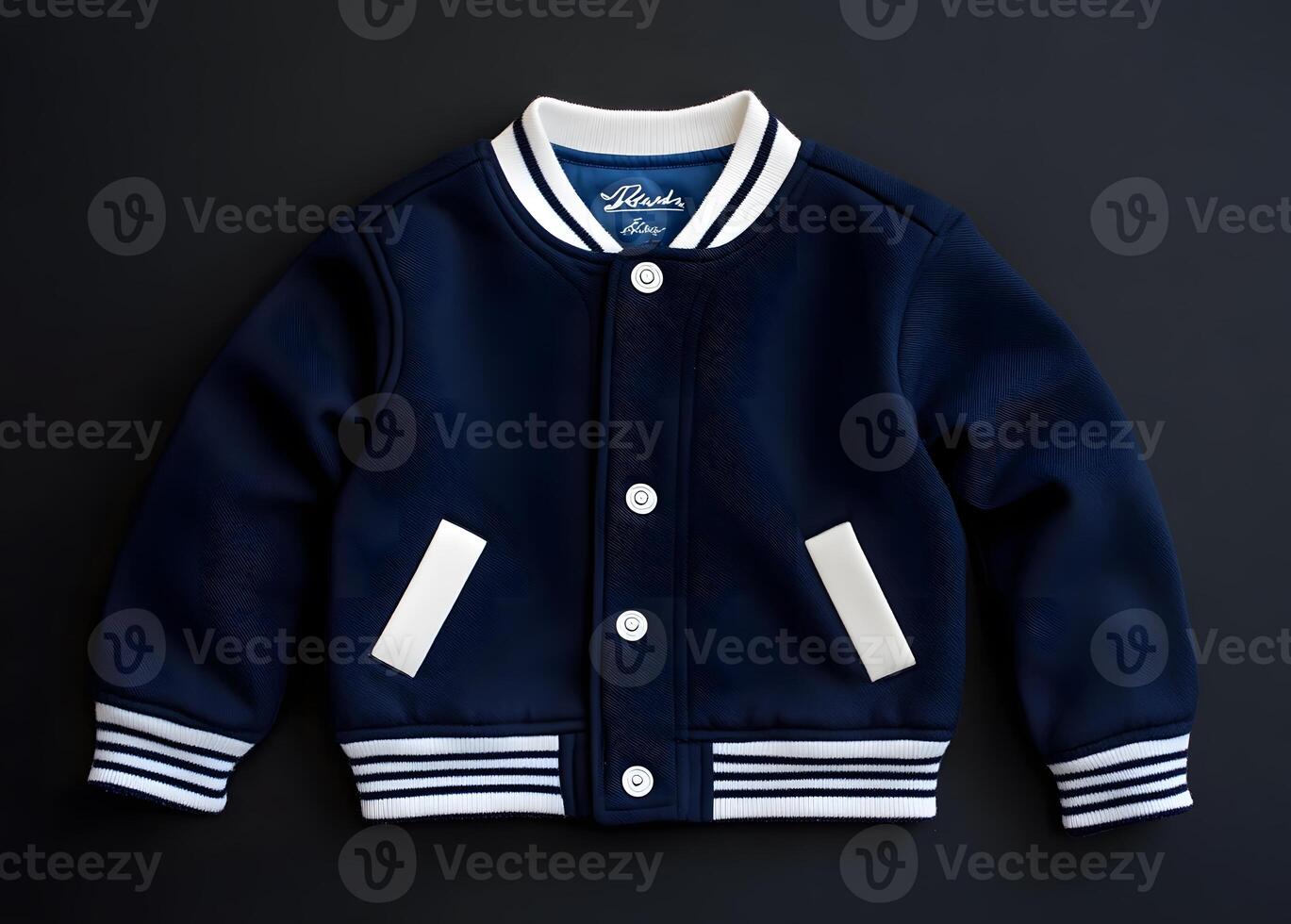 A navy blue bomber jacket with white stripes. photo