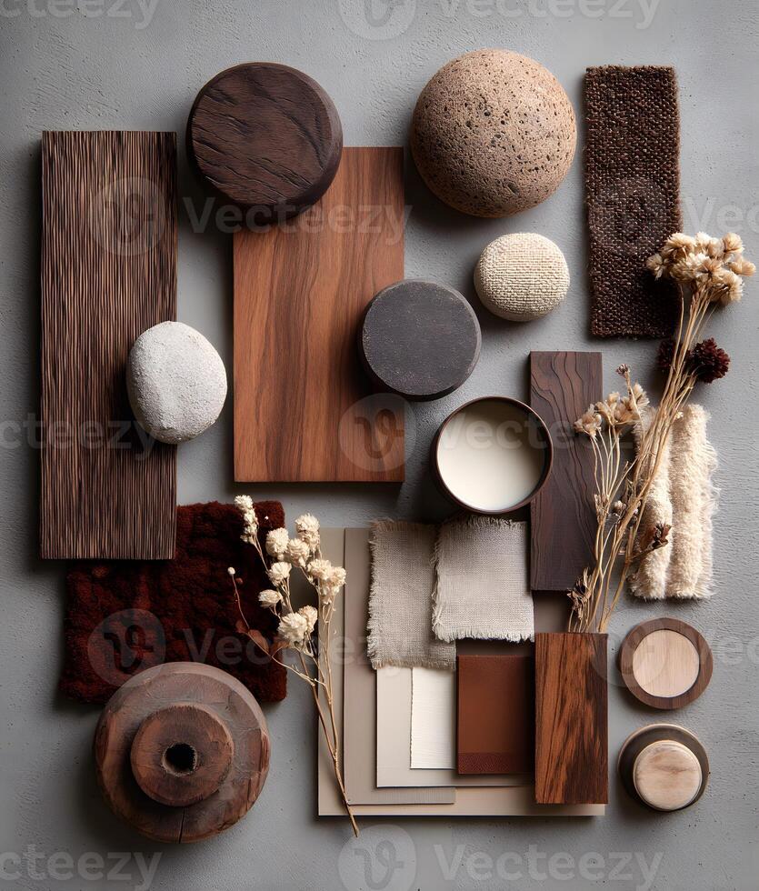 Arrangement of natural materials showcasing warm color palettes. photo