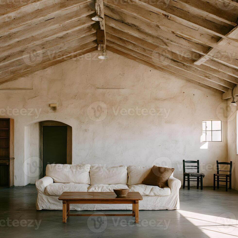 Light-filled, rustic interior living area. photo