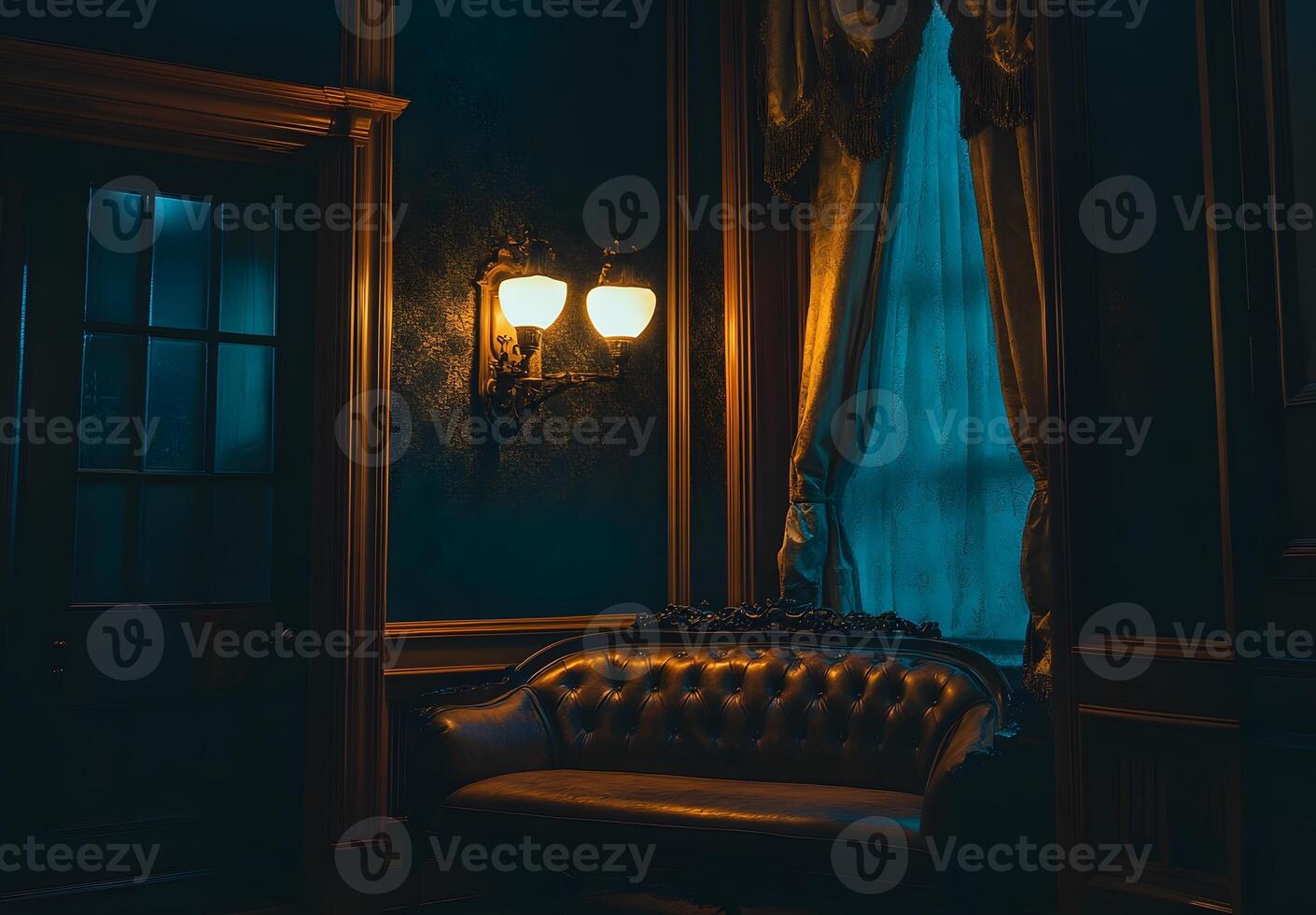 Dark, antique room with a leather couch and window. photo