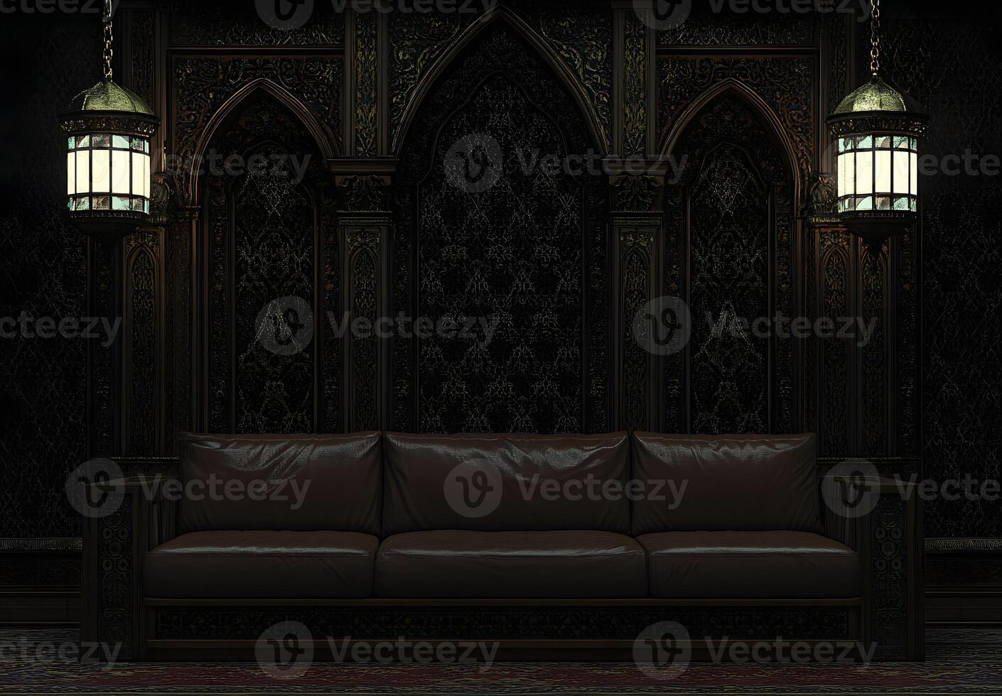 Dark, ornate sitting room with leather couch and hanging lamps. photo