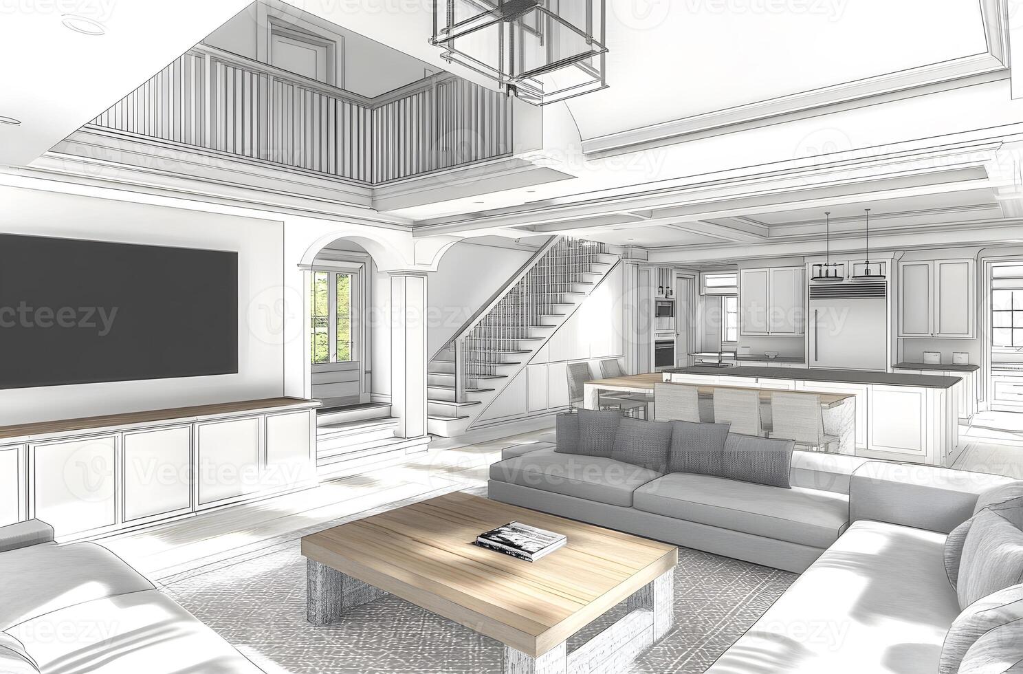 Open-concept interior sketch of a modern home. photo