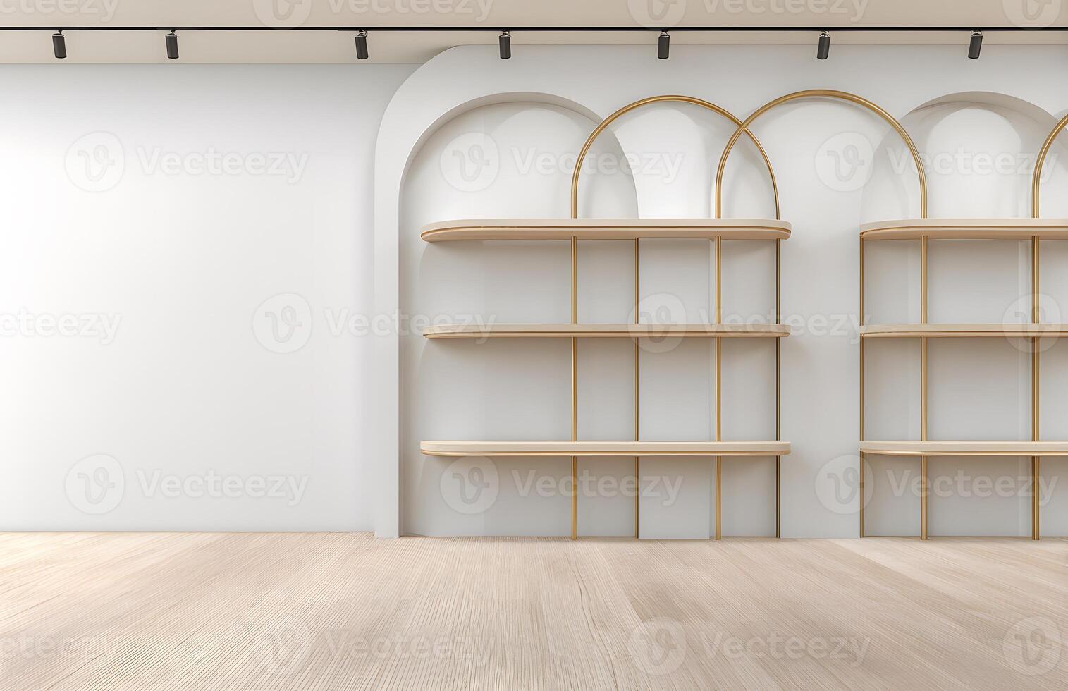 Empty room with shelves and arched wall accents. photo
