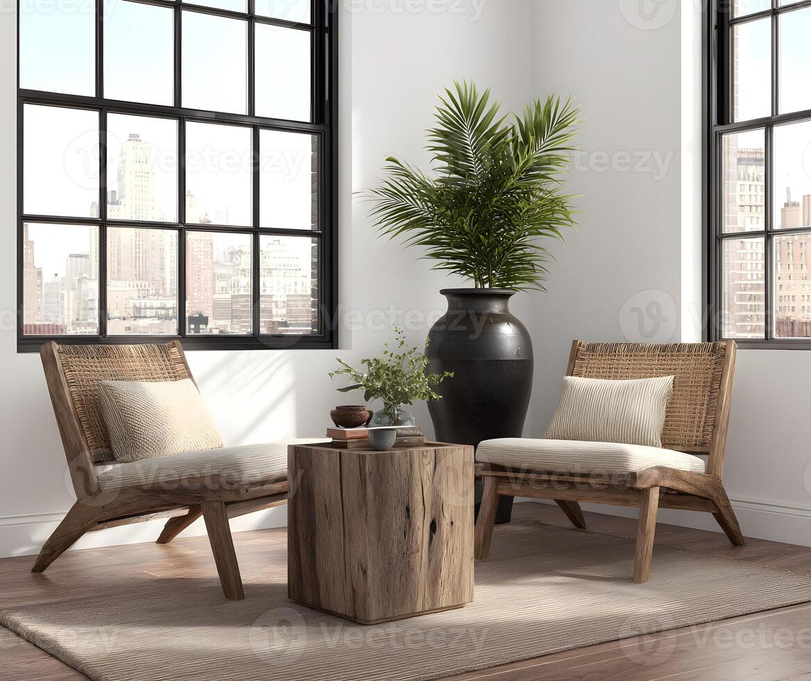 Two light-brown wooden armchairs and a small wooden side table in a room with a large window. photo