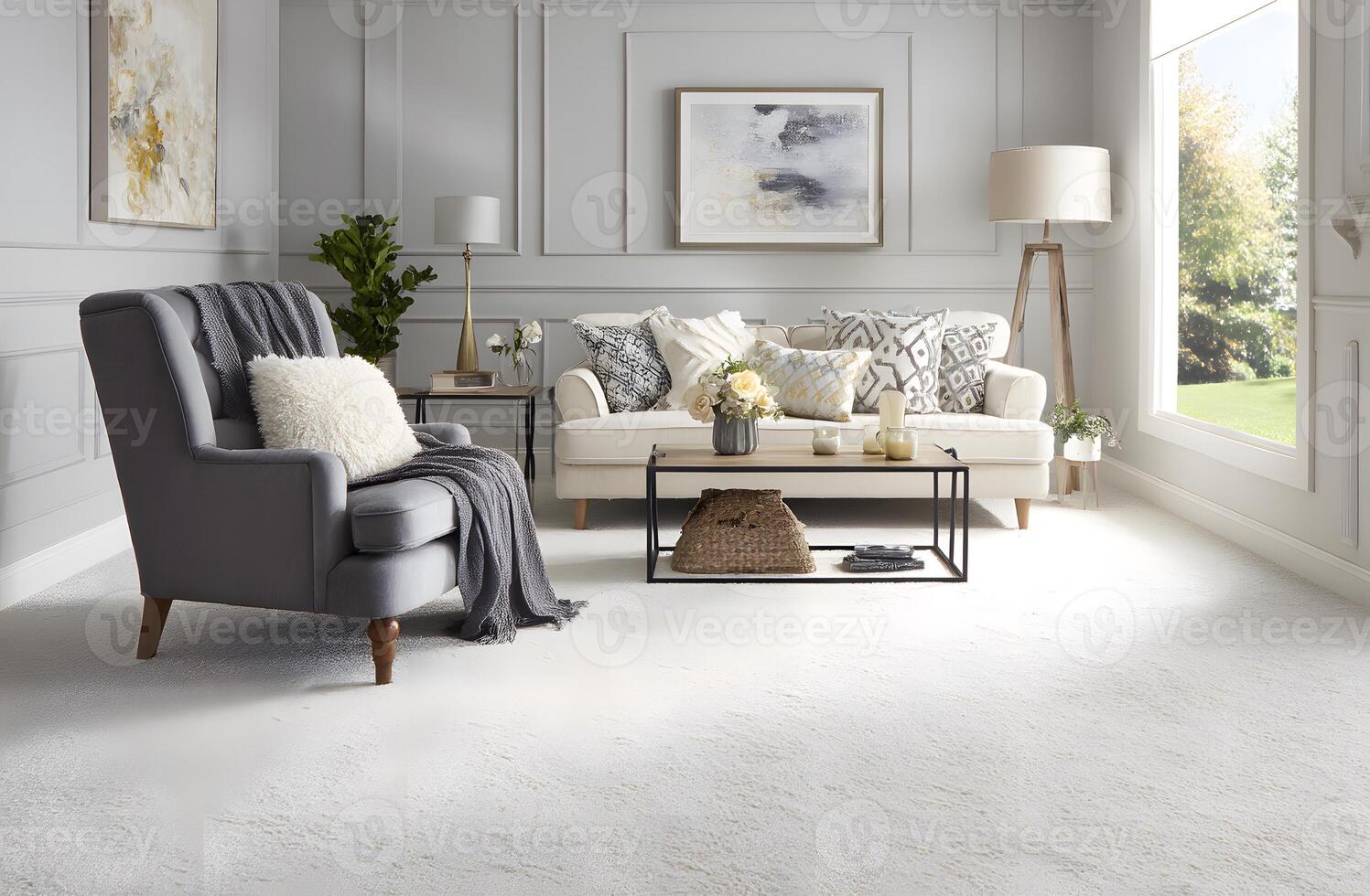 A living room with a neutral color scheme and plush carpet. photo