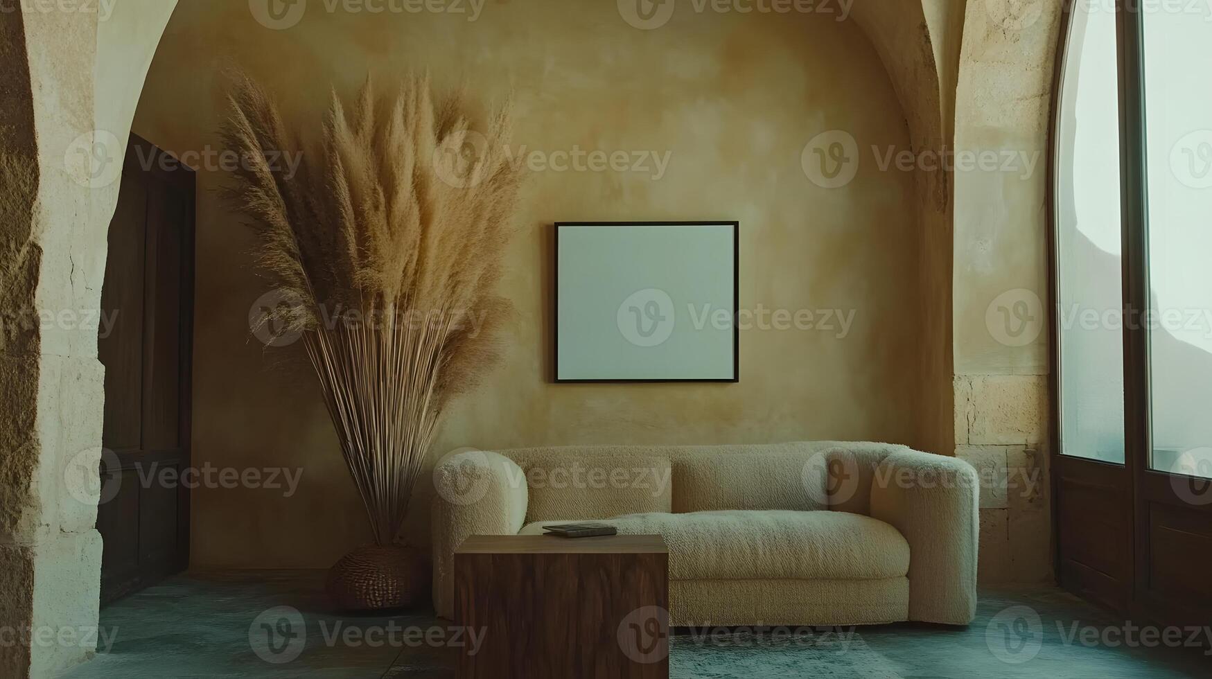 Beige couch in a minimalist living room with a large pampas grass plant. photo