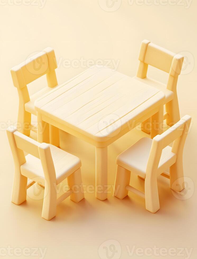 Pastel-colored table and chairs in a minimalist setting. photo
