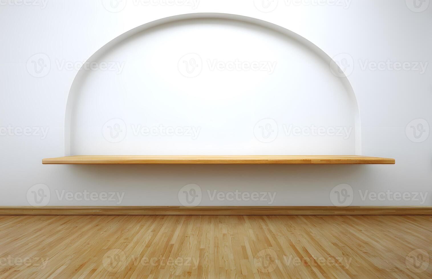 Empty wooden shelf against a white wall. photo