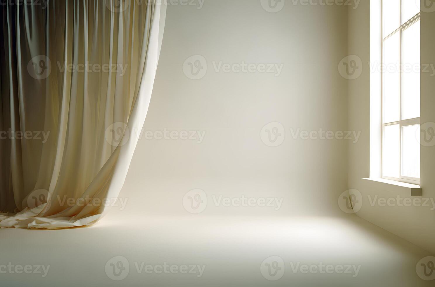 Plain beige room with window and flowing curtains. photo