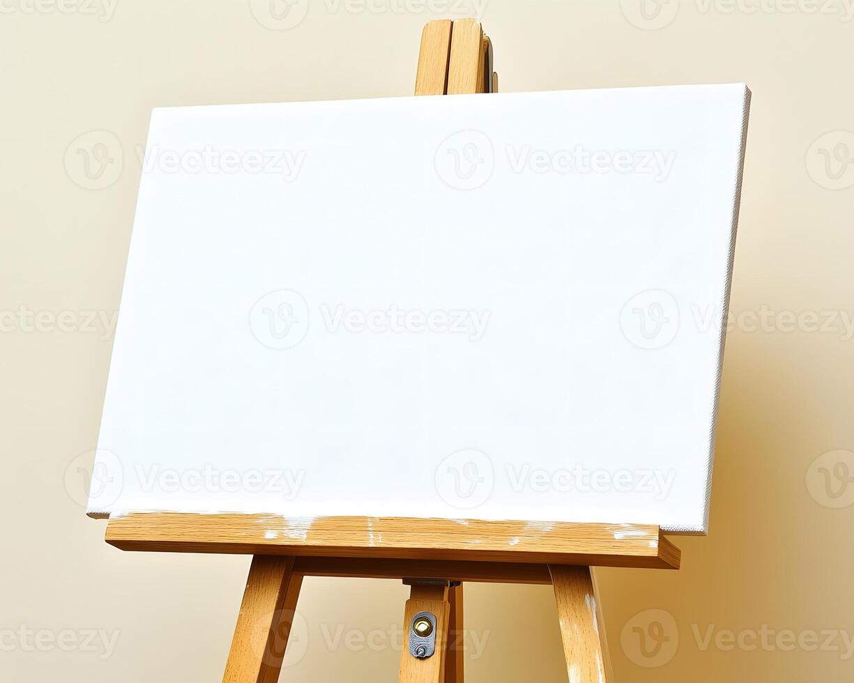 Blank canvas on an easel against a beige wall. photo