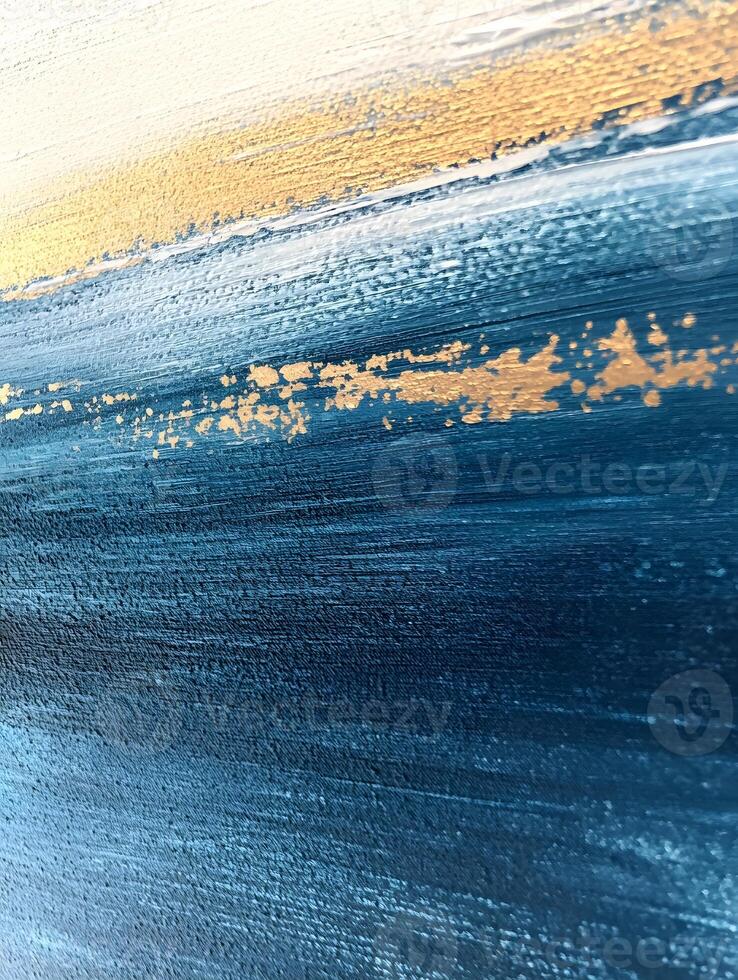 Abstract painting with horizontal color gradients and gold accents. photo