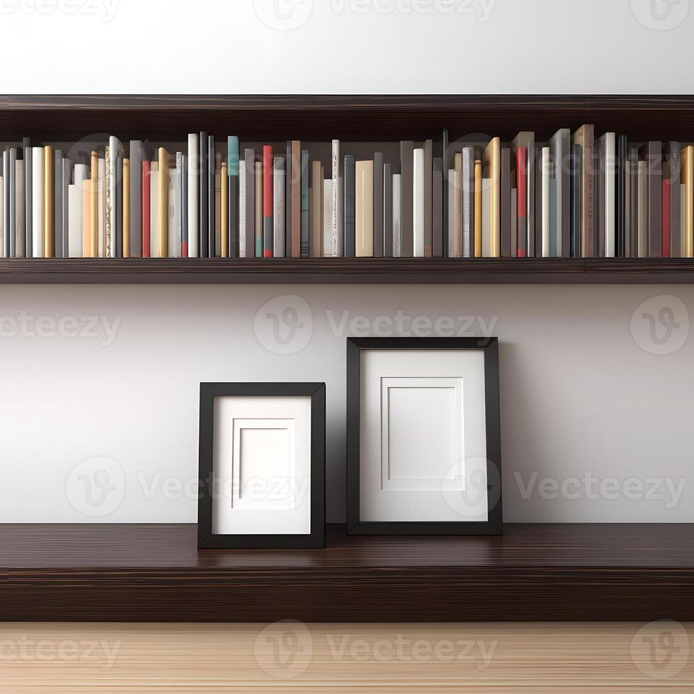 Empty picture frames on a dark wooden shelf, amidst a bookcase. photo