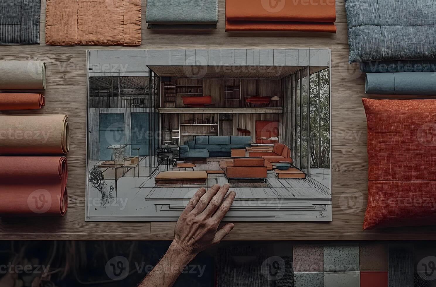Interior design sketch with color swatches. photo