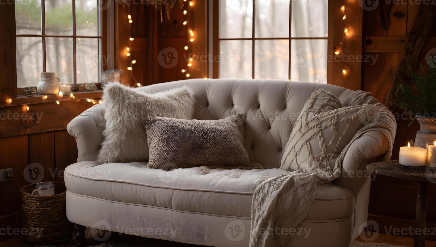 Cozy couch with warm lighting and decorative pillows. photo