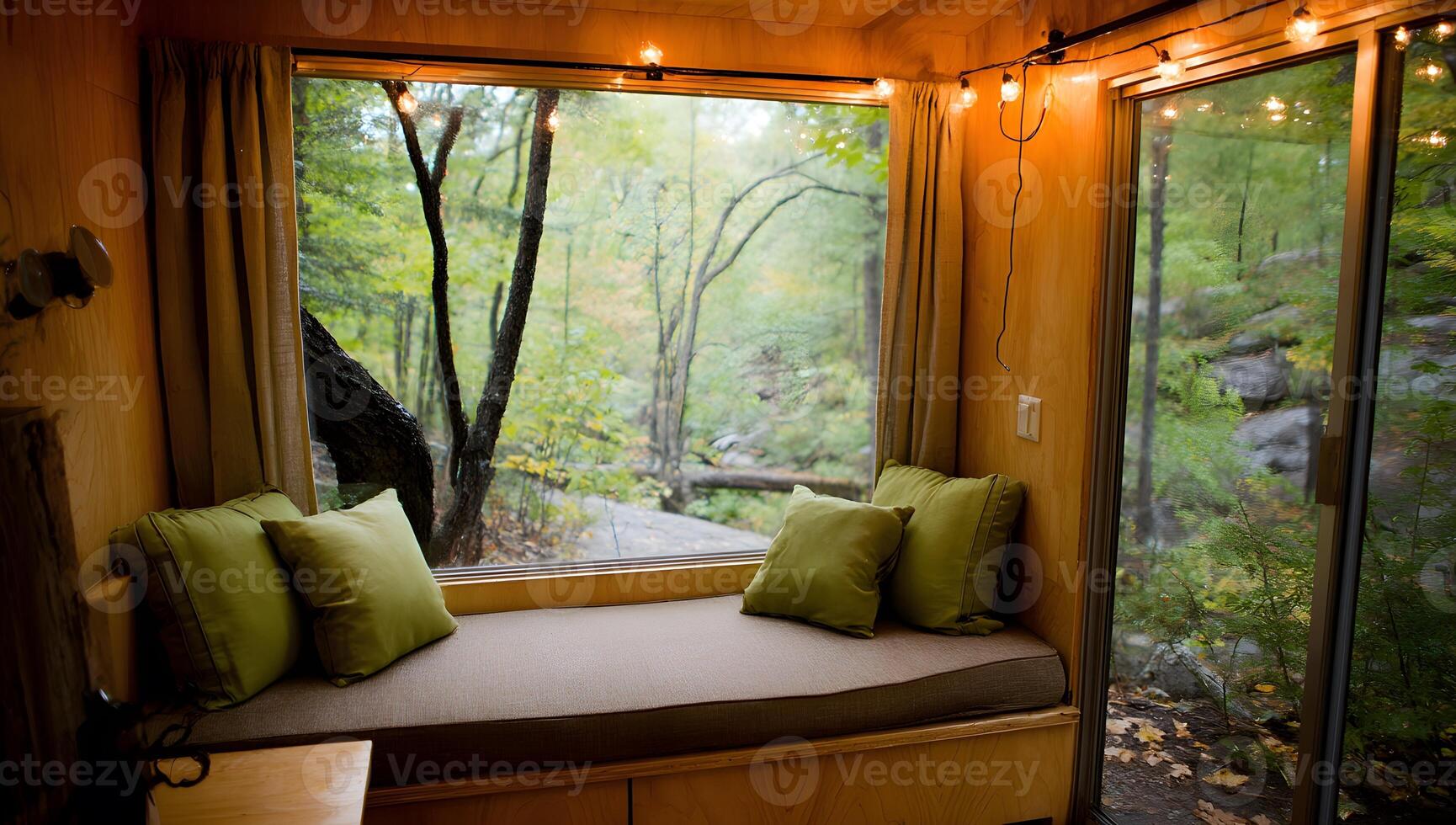 Cozy window seat with a view of a wooded landscape. photo