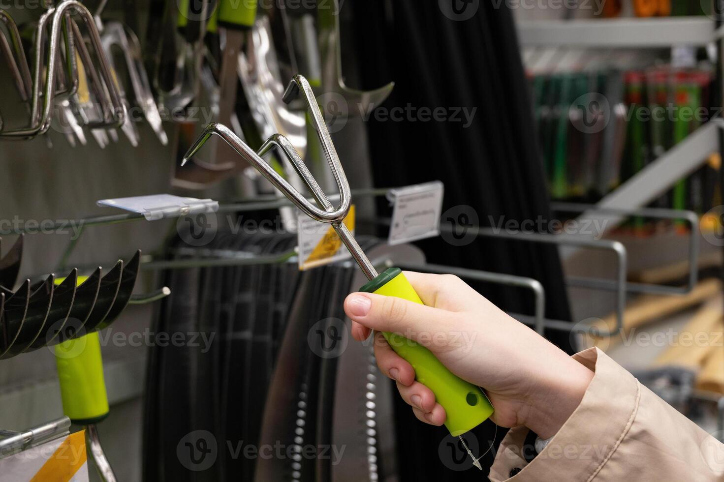 Person examining gardening tools in a hardware store. Customer product. photo