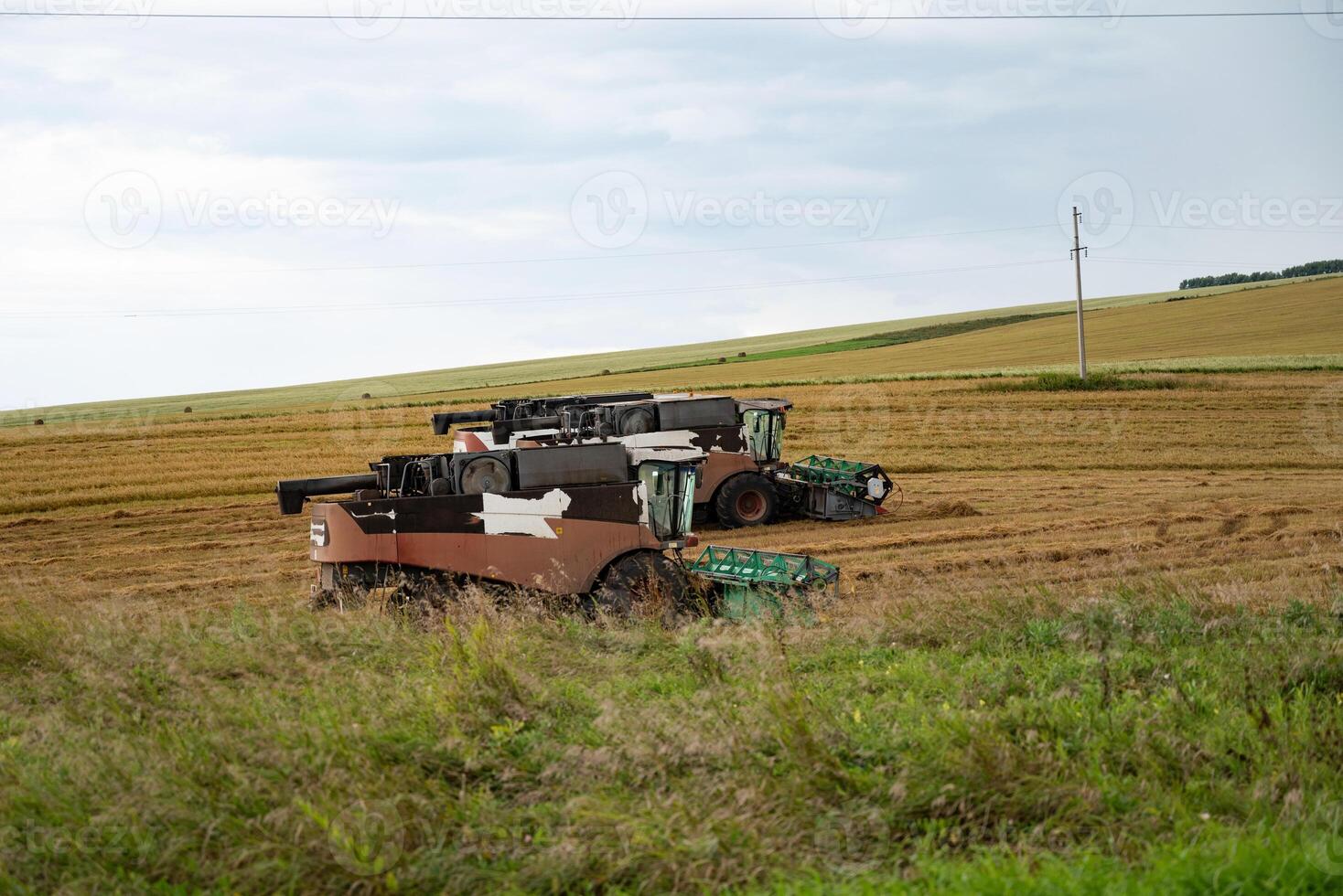 Combine harvesters working in a field with grassy foreground. photo
