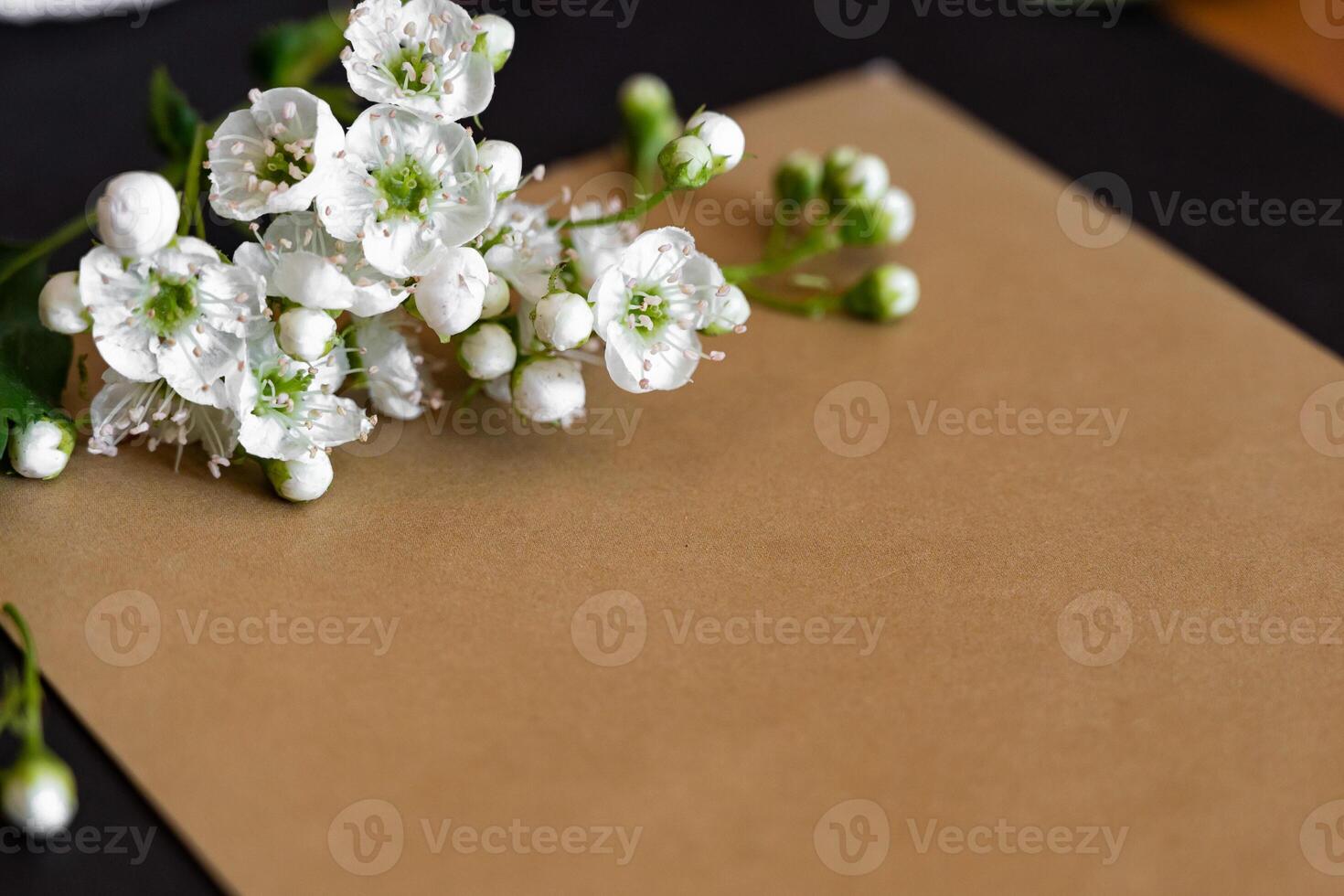 Elegant arrangement of flowers and stationery on a white surface with scissors and ribbon for crafting projects photo