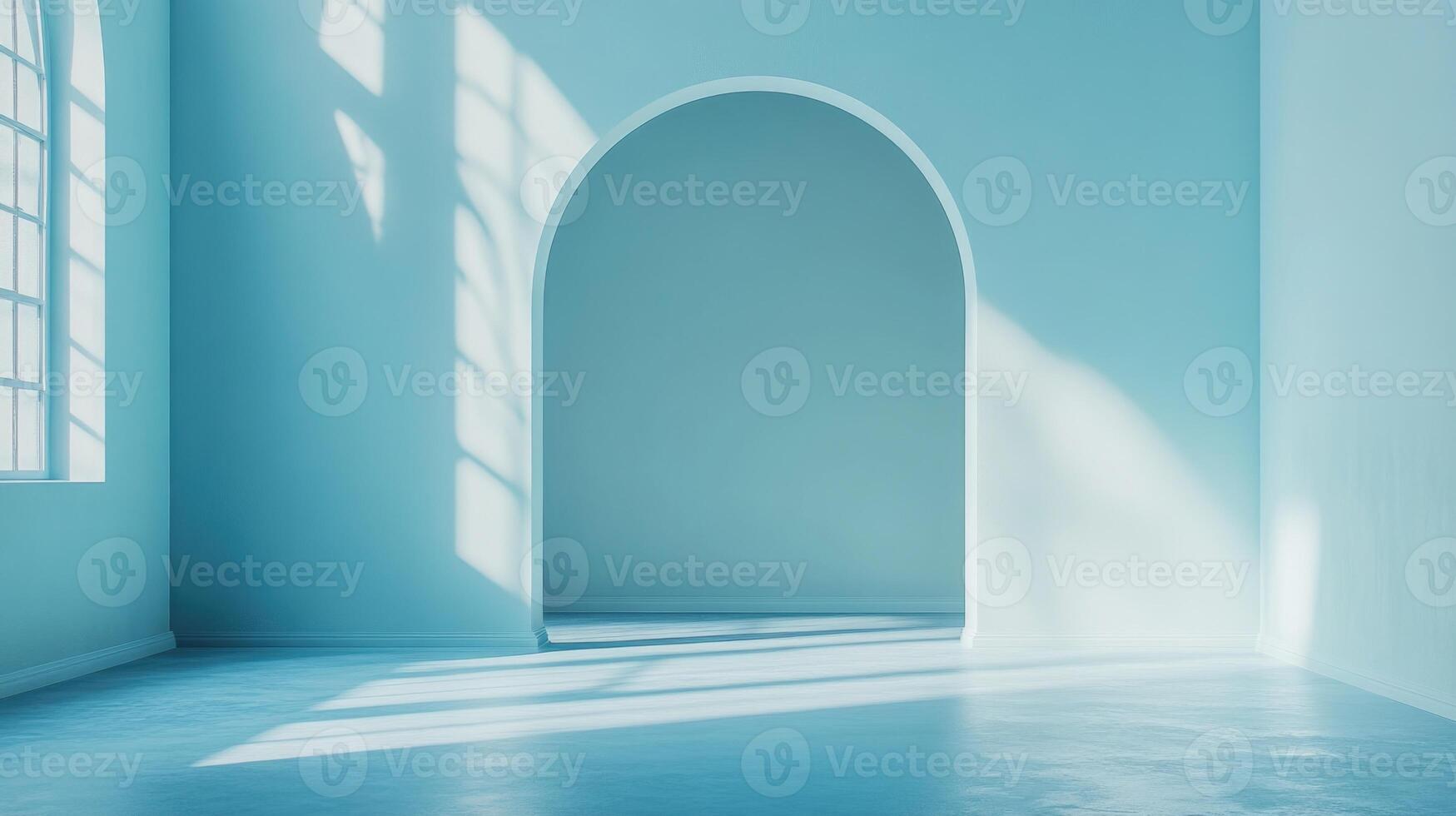 Sunlight streams through a blue-toned room with an elegant archway creating a serene and peaceful atmosphere photo