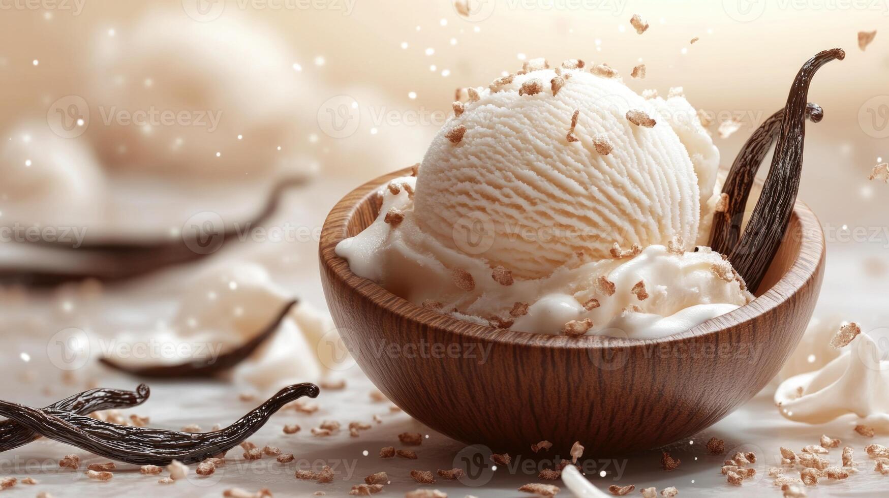 Creamy vanilla ice cream served in a rustic wooden bowl with vanilla pods and crunchy toppings for a delightful treat photo