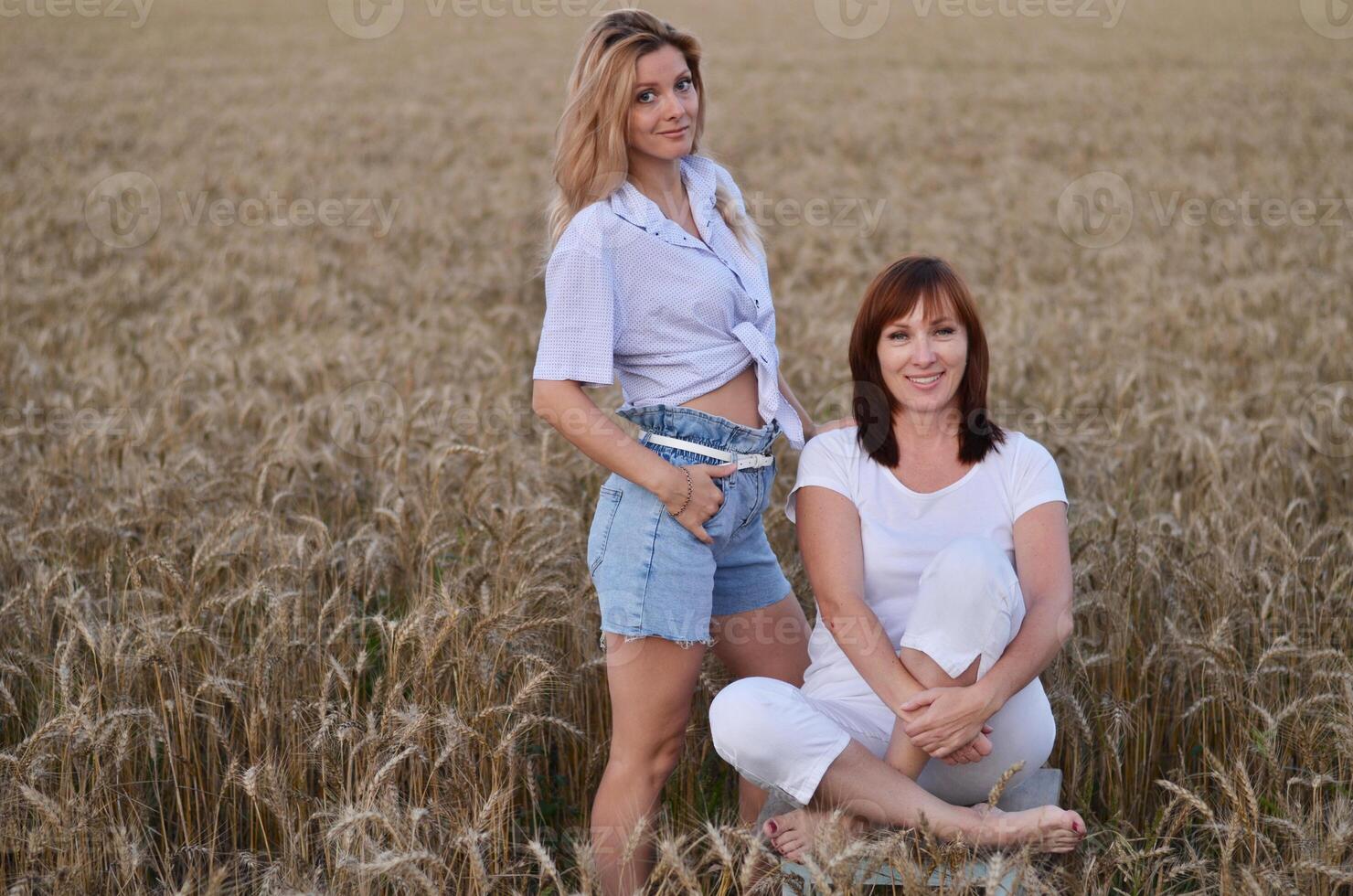 The wheat field around them is golden and dense, stretching far into the background with a visible path running through the middle. photo