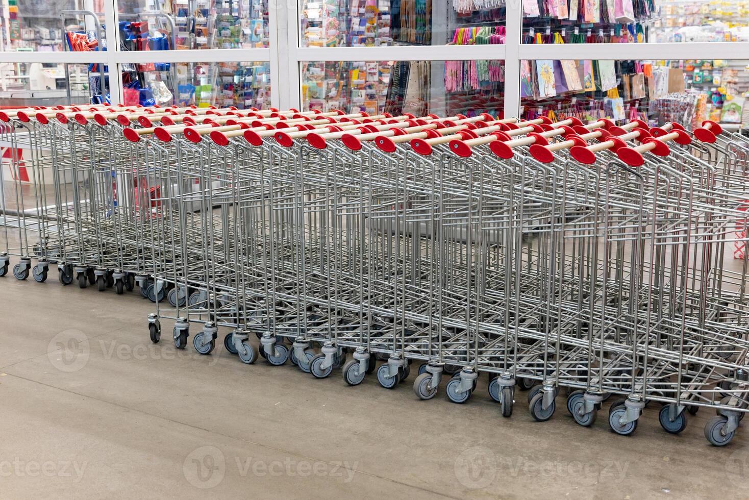 Metallic shopping carts arranged in neat rows within a retail store, showcasing the organization and preparation for shoppers during peak hours. photo