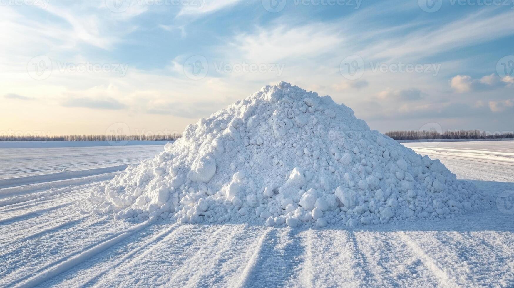 Winter wonderland emerges with colossal snow mound under bright blue sky at frozen lake's edge photo