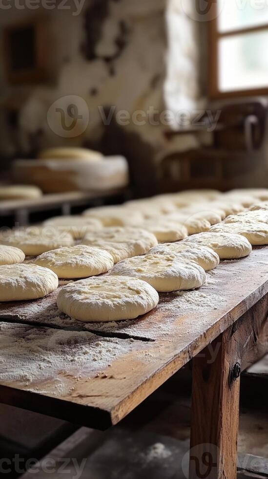 Freshly shaped bread dough resting on a wooden table in a rustic bakery mobile phone wallpaper photo