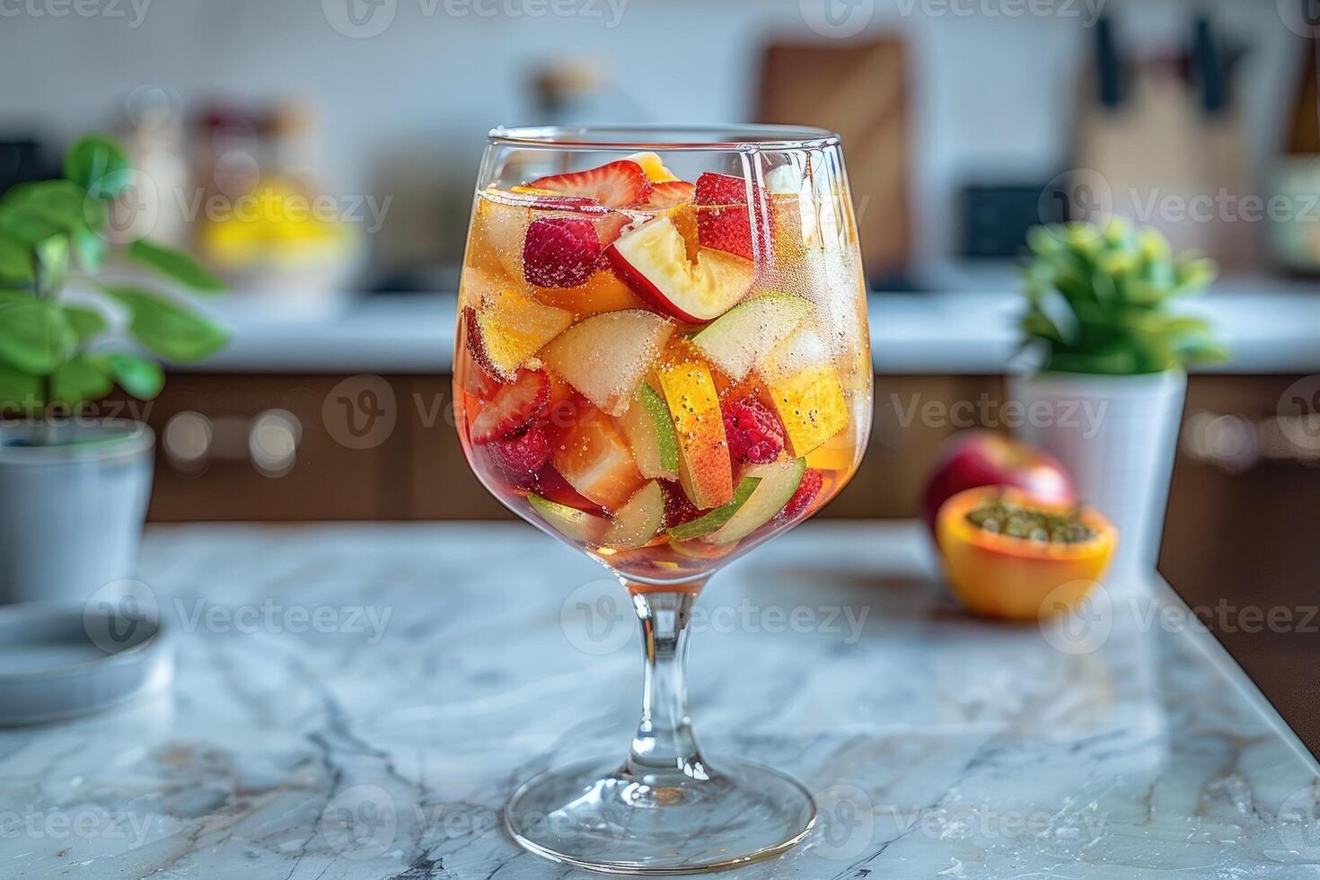 Refreshing fruit infused beverage in a stemmed glass. photo