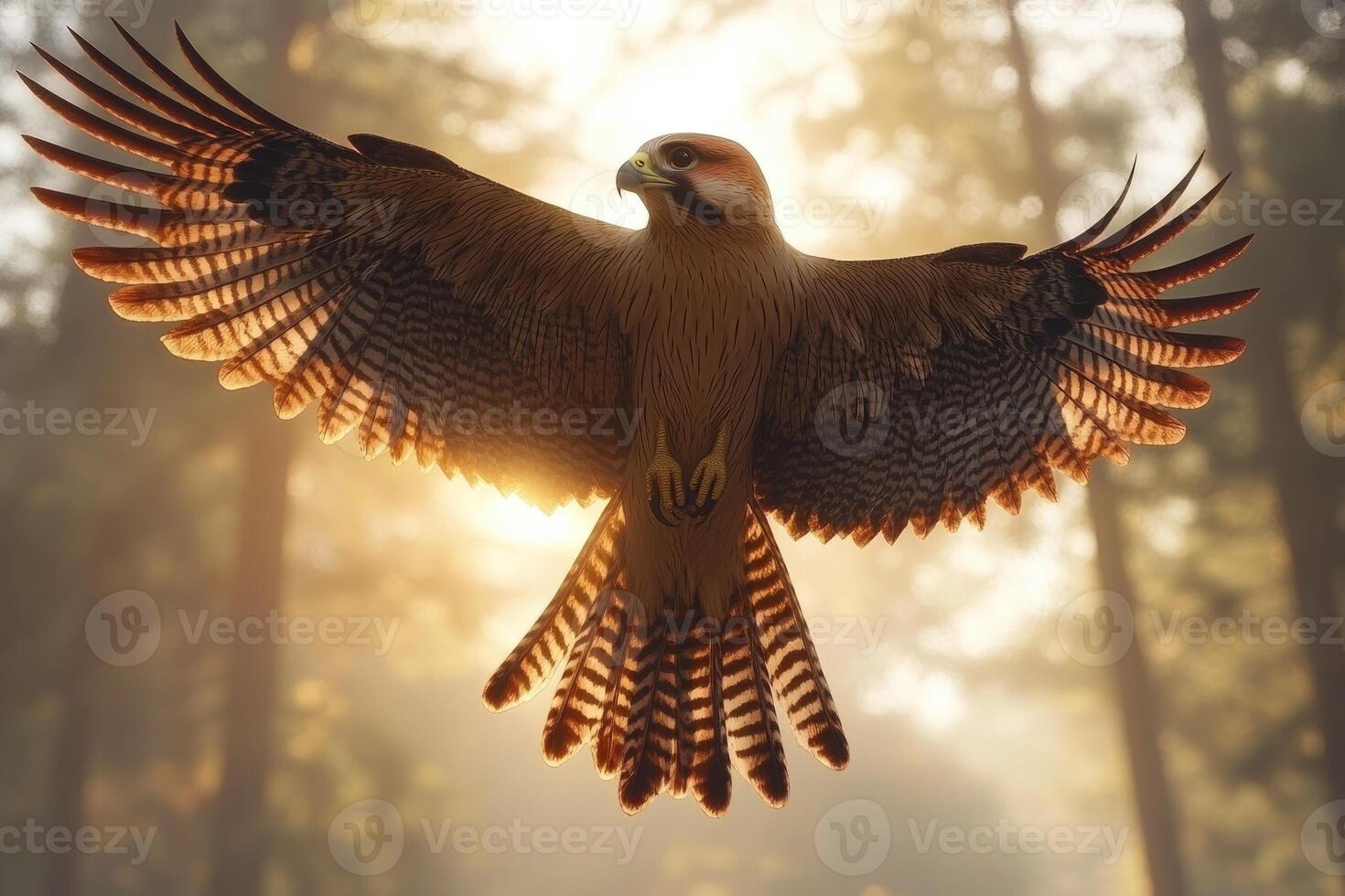 A majestic raptor in flight through a sunlit forest. photo