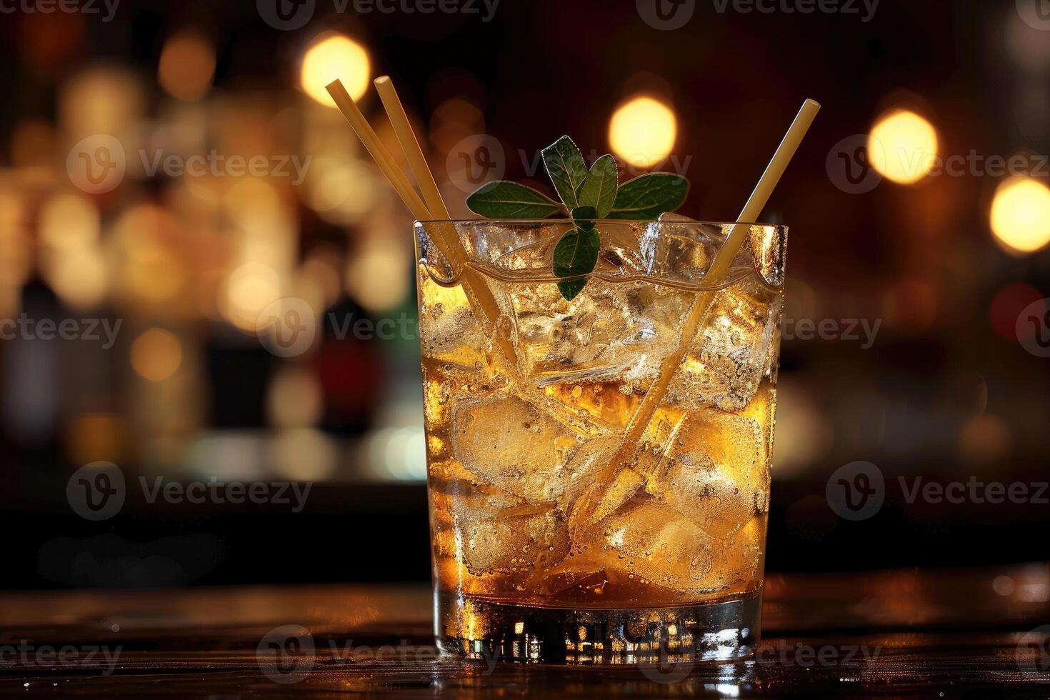 Refreshing drink in a glass at a night bar. photo