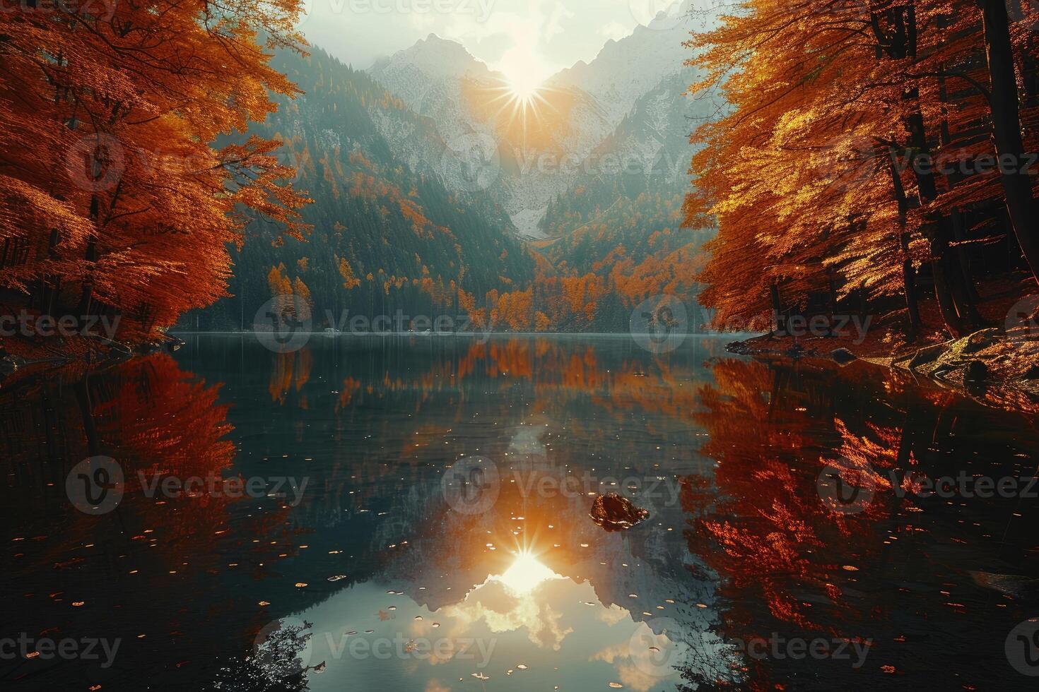 Autumnal lake scene with vibrant foliage and mirrored mountains. photo