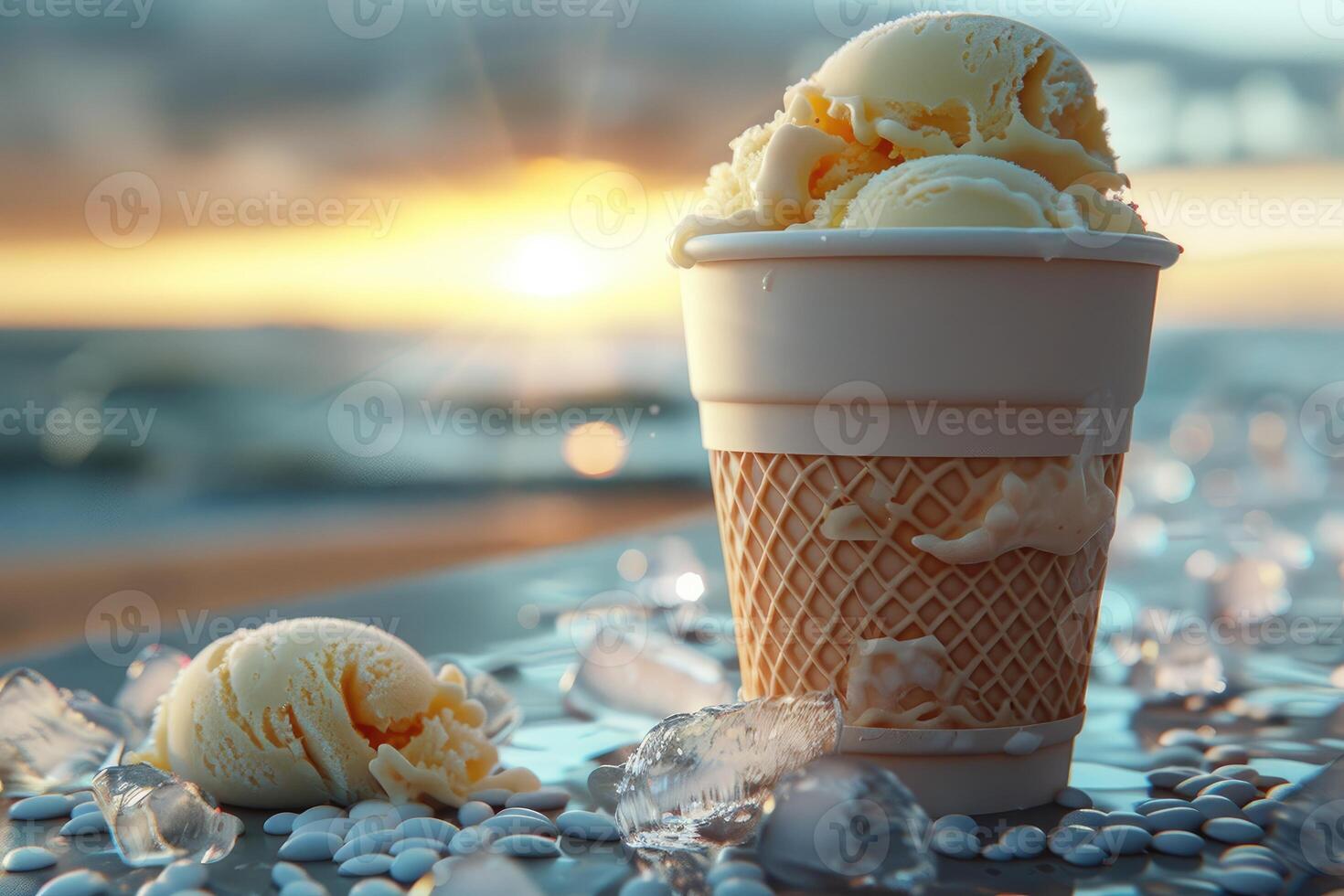 Creamy vanilla ice cream in a waffle cone cup on a summer's day. photo